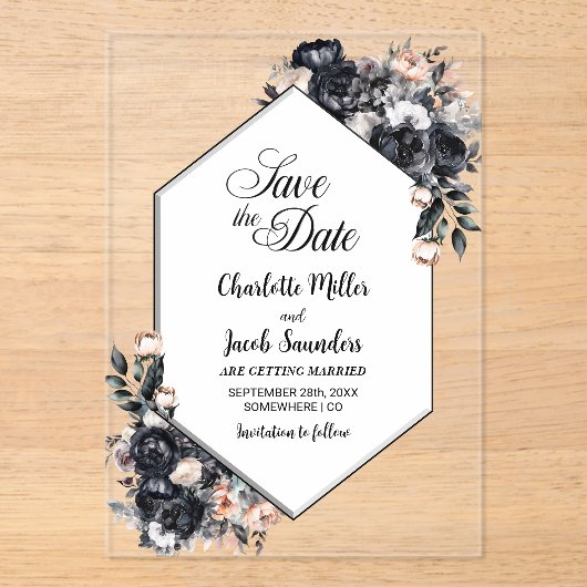 Geometrische zwarte bloemenacryl Bewaar de datum Acryl Uitnodigingen (Voorkant)