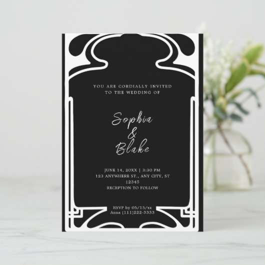 Geometrische zwarte en witte deco-bruiloft kaart (Staand voorkant)