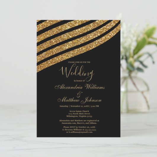 Geometrische zwarte goudglitter abstracte bruiloft kaart (Staand voorkant)