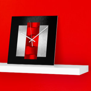 Geometry Modern Red Gray Silver Oriental VIP Vierkante Klok