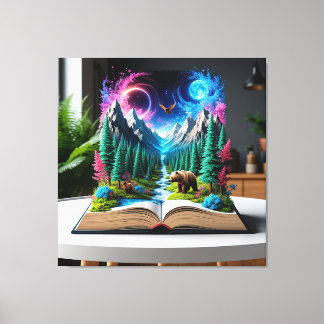 Geopend boek met een magische fantasiescene canvas afdruk