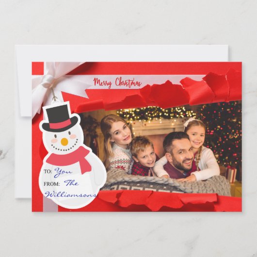 Geopend kerstcadeau onthult uw gezinsfoto feestdagenkaart (Voorkant)