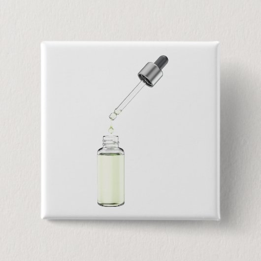 Geopende glazen druppelfles met pipet vierkante button 5,1 cm (Voorkant)
