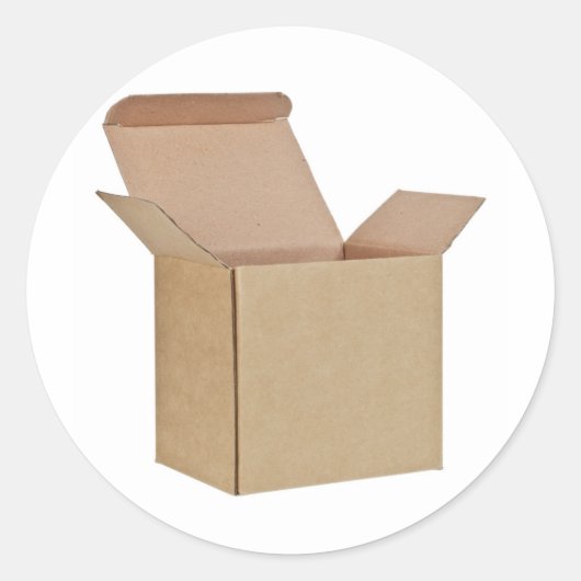 Geopende kartonnen doos ronde sticker (Voorkant)