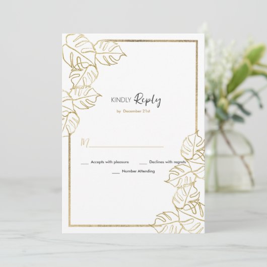 Geophisticeerd wit goud tropisch gebladerte RSVP Kaart (Staand voorkant)