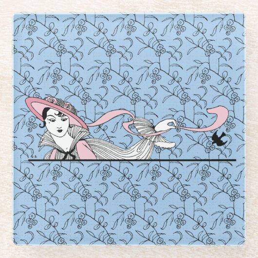 Georges Barbier 1920 Mode Lady en Bird Glazen Onderzetter (Voorkant)