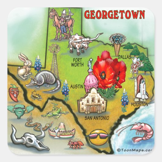 Georgetown Texas Cartoon Map Vierkante Sticker (Voorkant)