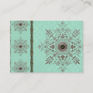 GEORGETTE'S BROCADE, VINTAGE in AQUA en OLIJVEN Visitekaartje
