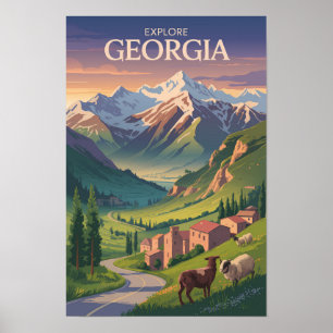 Georgië Kaukasus Bergen Reis Kunst Vintage Poster