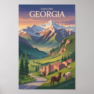 Georgië Kaukasus Bergen Reizen Art Vintage Poster