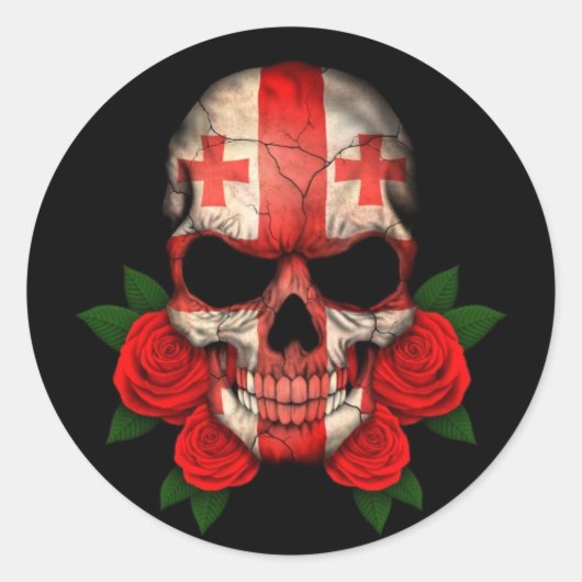 Georgische vlag schedel met rode rozen ronde sticker (Voorkant)