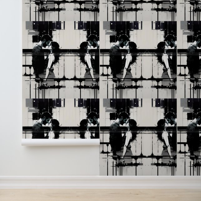 Gepassioneerd paar omarmen in zwart en wit behang (Applicatie)