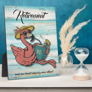 Gepensioneerd Flamingo leesboek met tropische Drin Fotoplaat