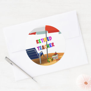 Gepensioneerde leraar, strandtafereel, ronde sticker