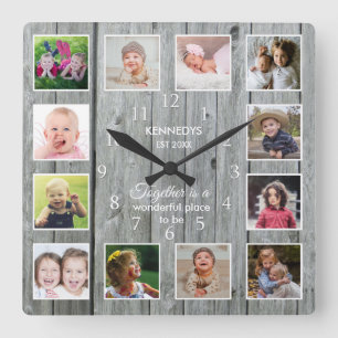 Gepersonaliseerd 12 Foto Collage Quote Gray Wood Vierkante Klok