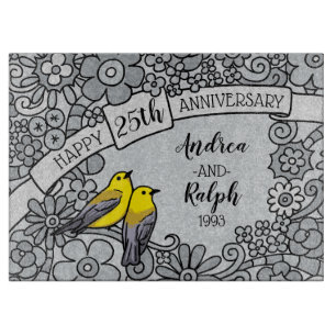 Gepersonaliseerd 25e Jubileum, zilveren bloemen Snijplank