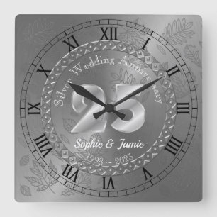 Gepersonaliseerd 25e Silver Jubileum Gift Idea Vierkante Klok