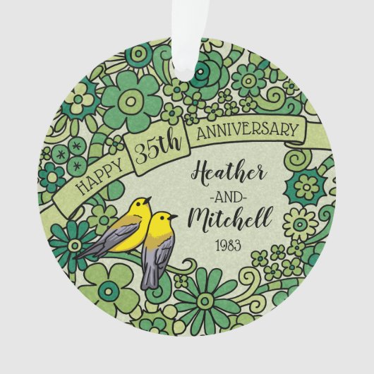 Gepersonaliseerd 35e Jubileum, geJade Floral Birds Ornament (voorkant)