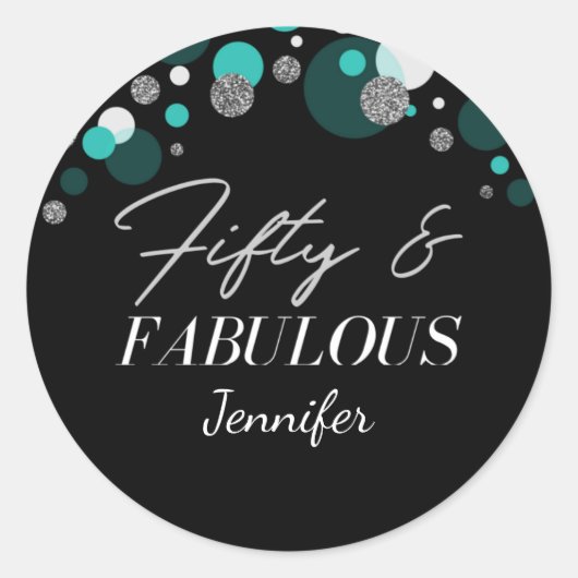 Gepersonaliseerd 50 en Fabulous Black en Blauwgroe Ronde Sticker (Voorkant)