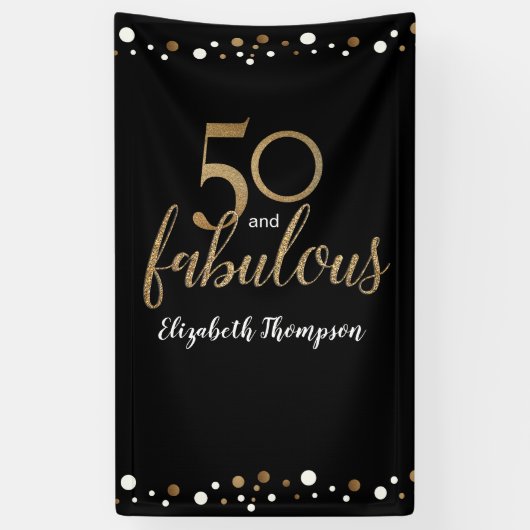 Gepersonaliseerd 50 en Fabulous Black Gold confett Spandoek (Verticaal)