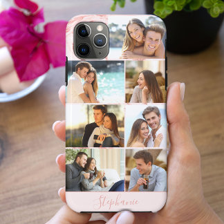 Gepersonaliseerd 7 Fotocollage Roze Marmer iPhone 11 Pro Max Hoesje