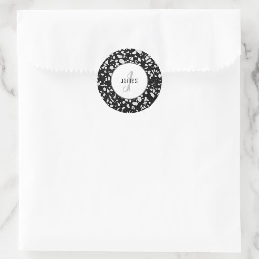 Gepersonaliseerd Abstract Terrazzo Black & White P Ronde Sticker (Tas)