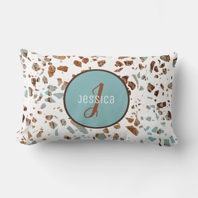 Gepersonaliseerd Abstract Terrazzo Brown & Blue Pa Kussen (Voorkant)