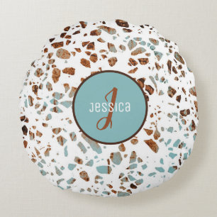 Gepersonaliseerd Abstract Terrazzo Brown & Blue Pa Rond Kussen