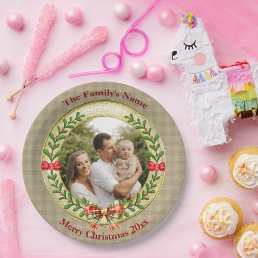 Gepersonaliseerd Afbeelding Lijst en Kerstkrans P Papieren Bordje (Feest)