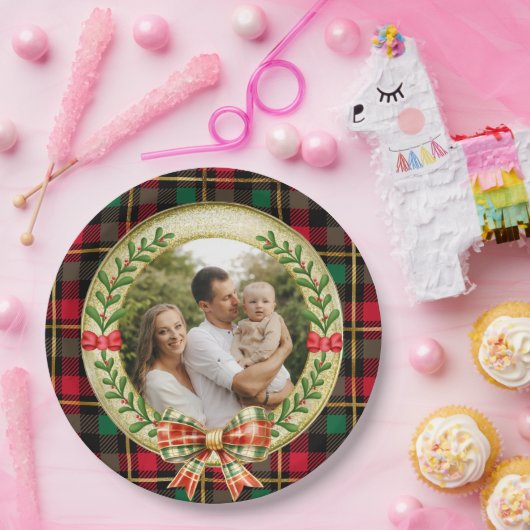 Gepersonaliseerd Afbeelding Lijst en Kerstkrans Papieren Bordje (Feest)