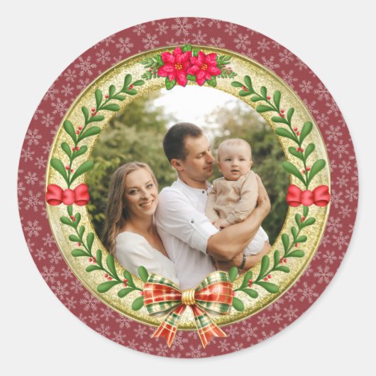 Gepersonaliseerd Afbeelding Lijst en Kerstkrans Ronde Sticker (Voorkant)