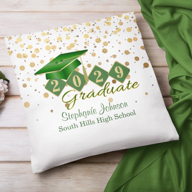 Gepersonaliseerd Afstuderen Confetti Groen & Gold Kussen (Personalized Graduation Confetti Green & Gold Throw Pillow)