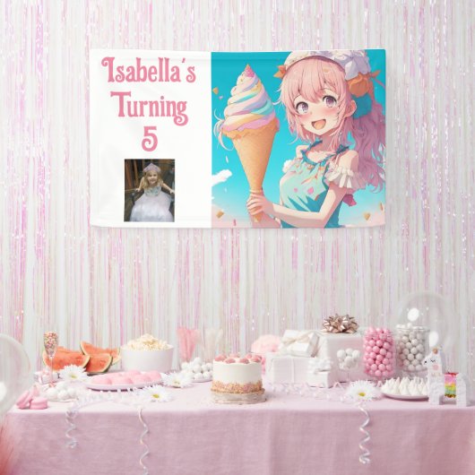 Gepersonaliseerd Anime Ice Cream Verjaardagsfeest Spandoek (Feest)