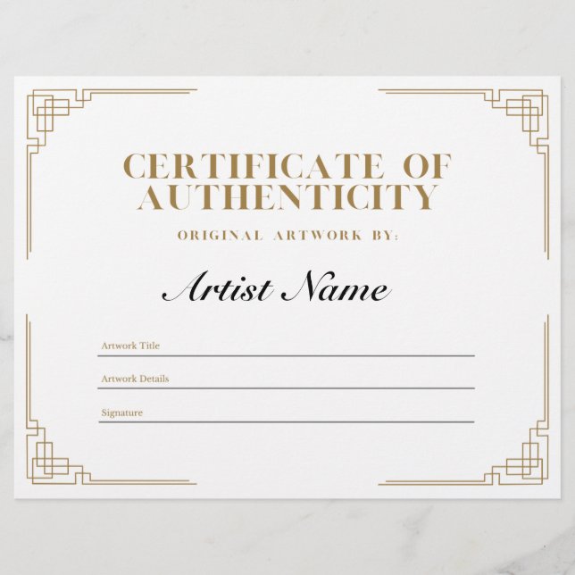 Gepersonaliseerd art Deco-certificaat van echtheid Briefhoofd (Voorkant)