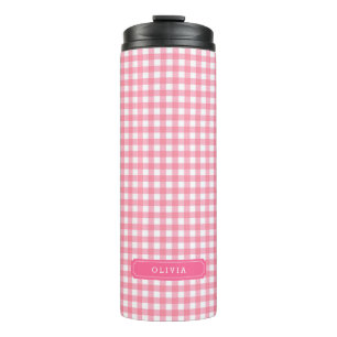 Gepersonaliseerd Baby roze monogram Gingham Thermosbeker
