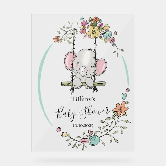 Gepersonaliseerd Baby shower met Schattigee olifan Acryl Bord (Voorkant)