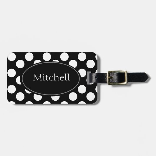 Gepersonaliseerd Bagagelabel zwart-wit poladots (Voorkant horizontaal)