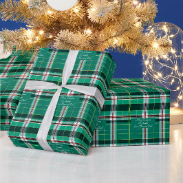Gepersonaliseerd bericht op Christmas green plaid Cadeaupapier