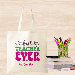 Gepersonaliseerd beste leraar ooit roze groen scri tote bag