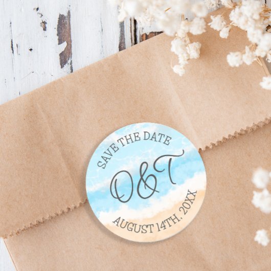 Gepersonaliseerd Bewaar de datum Kustbruiloft Ronde Sticker