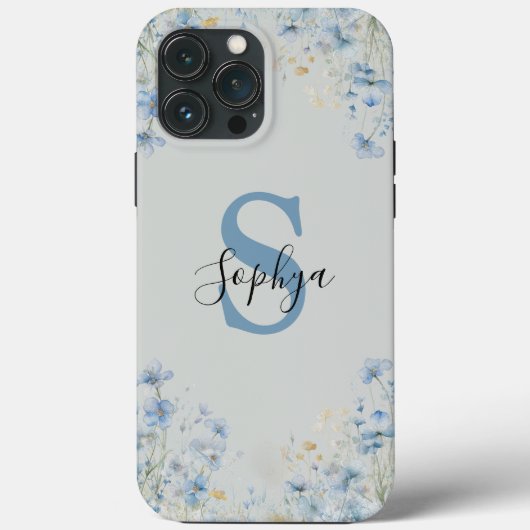 Gepersonaliseerd Blauw Bloem Monogram Case-Mate iPhone Case (Achterkant)
