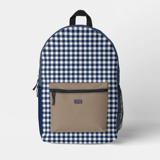 Gepersonaliseerd blauw en wit Gingham tafelkleed Bedrukte Rugzak (Voorkant)