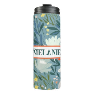 Gepersonaliseerd Blauw en Witte Floral gepatterd Thermosbeker