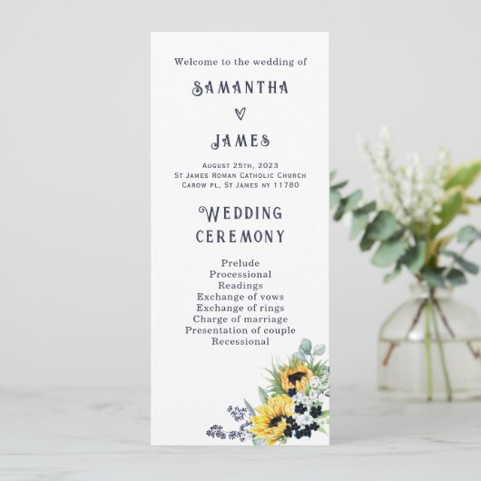 Gepersonaliseerd blauw en zonnebloem bruiloft prog kaart (Staand voorkant)