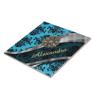 Gepersonaliseerd blauw meisjesdamast patroon tegeltje