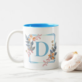 Gepersonaliseerd Blauw Vierkant Bloemen Grens Mono Tweekleurige Koffiemok