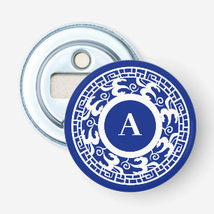 Gepersonaliseerd Blauw Wit Chinoiserie Chic Monogr Button Flesopener