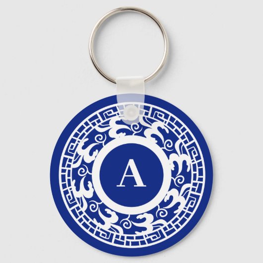 Gepersonaliseerd Blauw Wit Chinoiserie Chic Monogr Sleutelhanger (Voorkant)