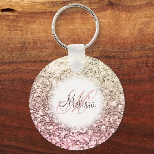Gepersonaliseerd Blush Roze  Glitter Monogram Naam Sleutelhanger (Voorkant)