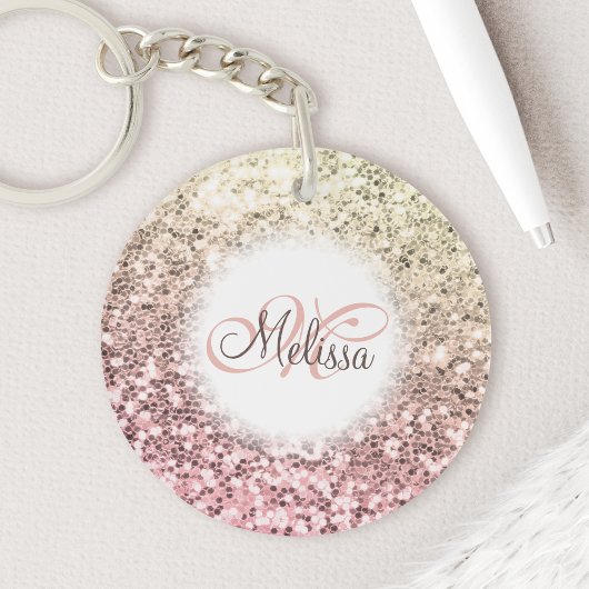 Gepersonaliseerd Blush Roze  Glitter Monogram Naam Sleutelhanger